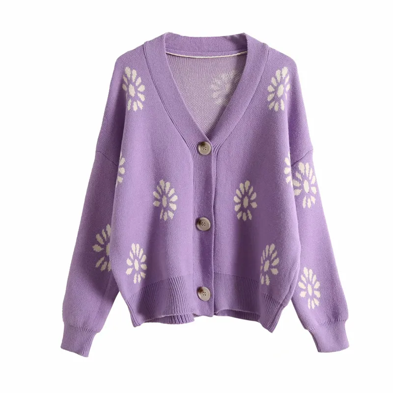 Autumn Women Wool Sweater Coats Cardigans Long Sleeve Floral Single Breasted Female Loose V-Neck Casual Sweaters Clothing 210513