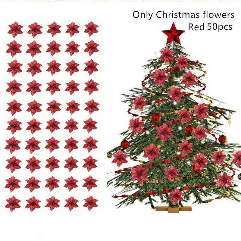 120 stks / Kerstboom Ornament Flash Artificial Flower Bow Bell Snowflake Kleine Cane Clip voor Kerstfeest Decoratie 211104