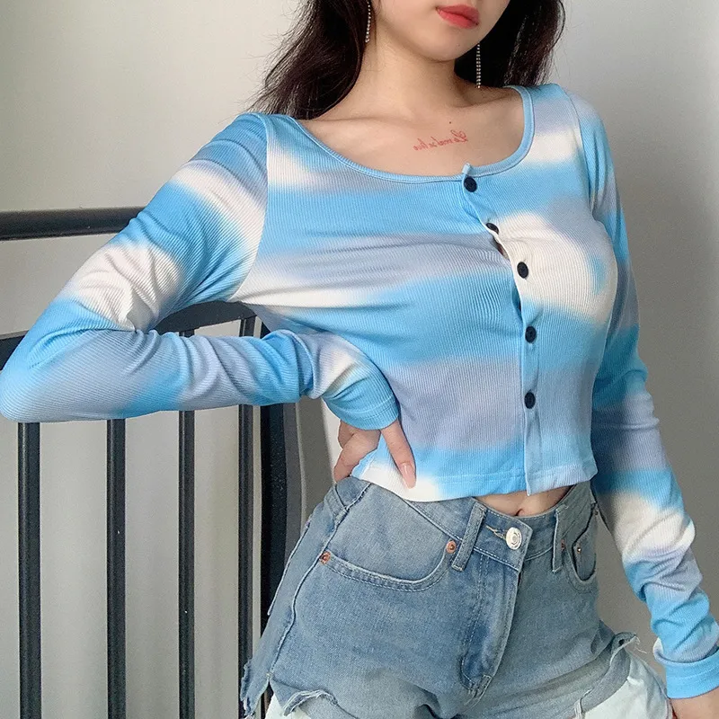 Tie Dye Imprimer Bleu Crop Tops Femmes Automne O Cou À Manches Longues Bouton Cardigan Top Sexy Mince Court T-shirt Petit Survêtement 210507