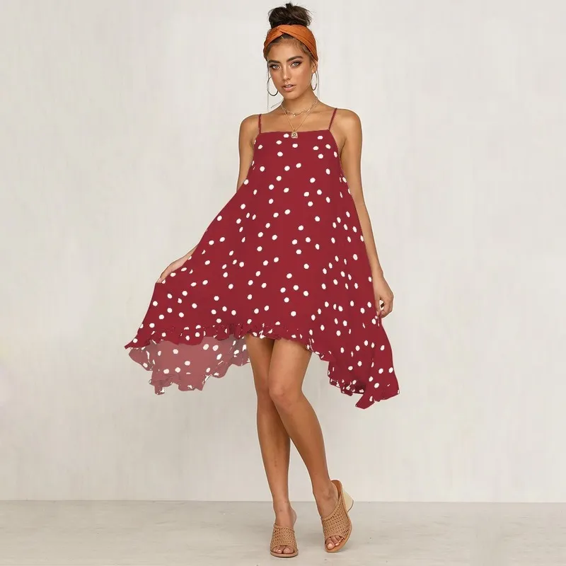 Femmes Boho Summer Sundress Loose Dot Spaghetti Strap High Low Dress Sexy Sans Manches Dos Nu Mini Robes De Plage Bohème Vestid 210514