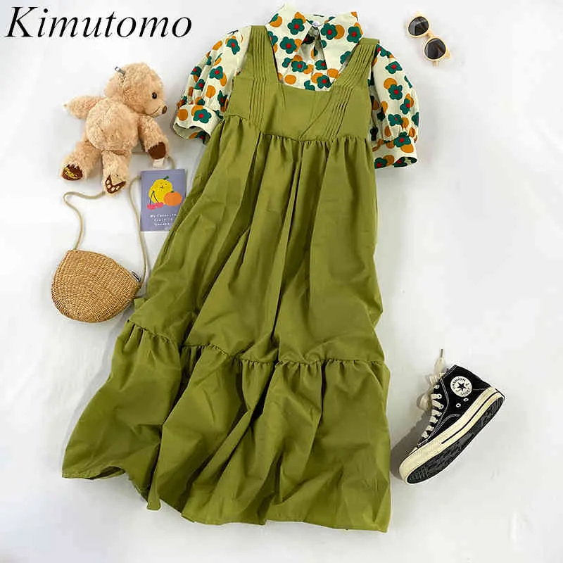 Kimutomo Korean Women Suit Spring Color Contrast Short Sleeve Floral Print Shirt + Long Ruffles Solid Strap Dress Two Piece 210521