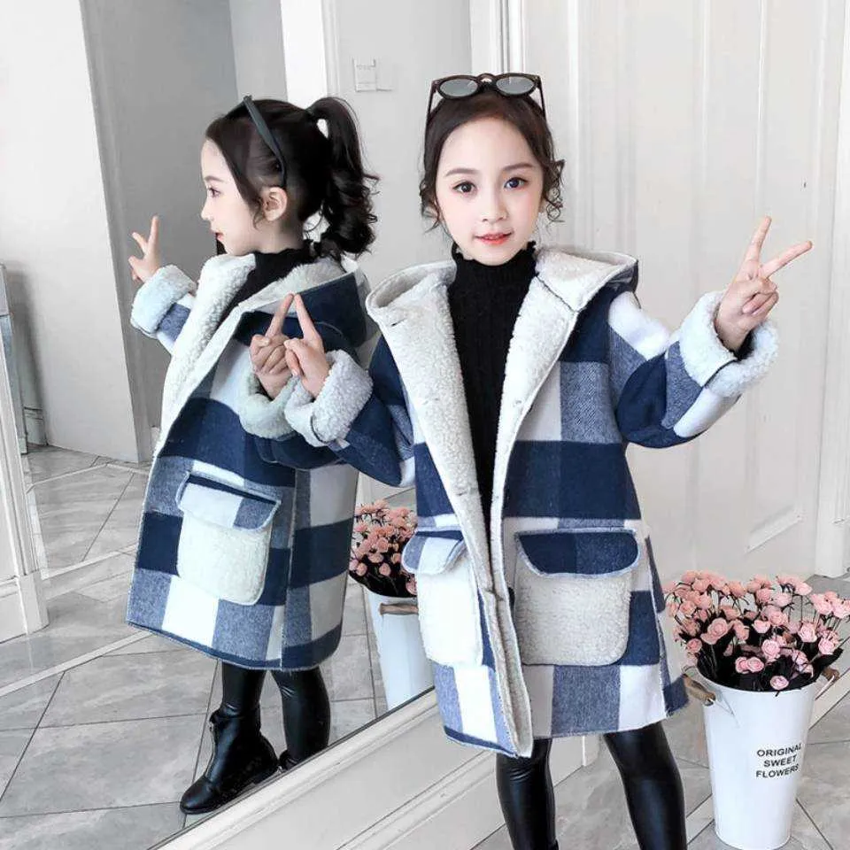 Autunno Inverno Ragazze Casual Giubbotti Capispalla con cappuccio Moda Cappotto lungo di lana Abbigliamento bambini Cute Baby Girls Capispalla 211023