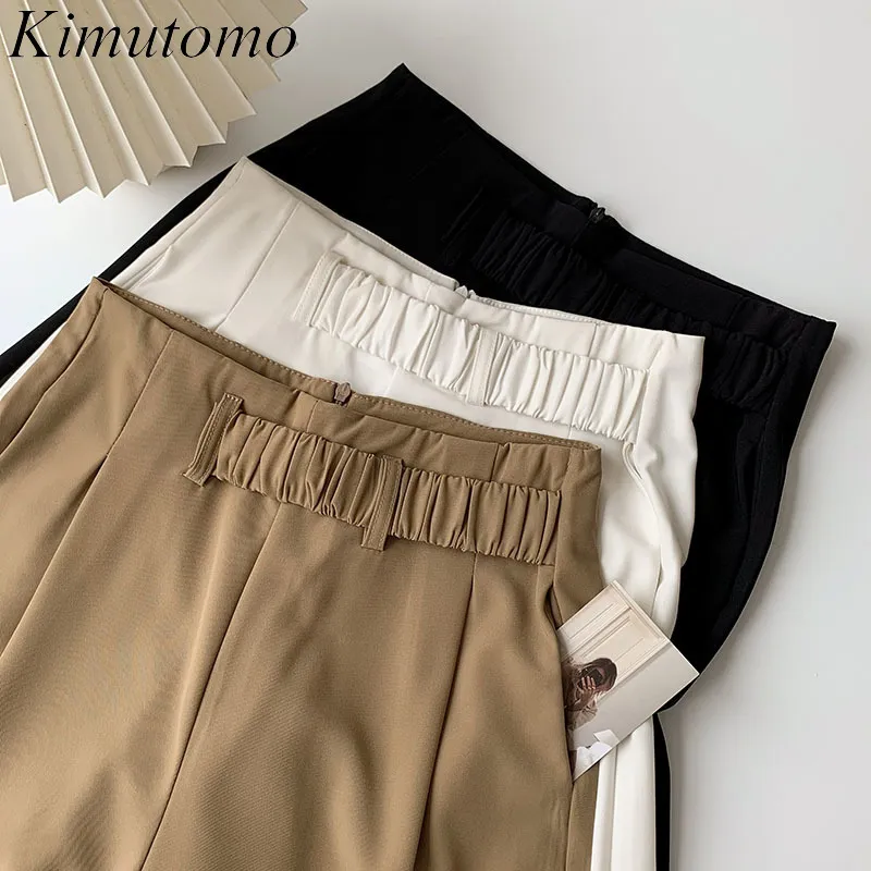 Kimutomo effen kleur casual shorts vrouwen lente koreaanse mode vrouwelijke hoge taille zakken wijd benen bodems casual 210521