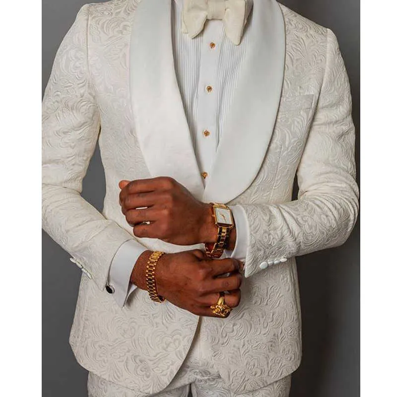 Ivoor bloemen patroon bruidegom smoking shawl satijnen revers mannen pakken 2 stuks mannelijke mode jas met broek nieuwste ontwerp 2021 x0909