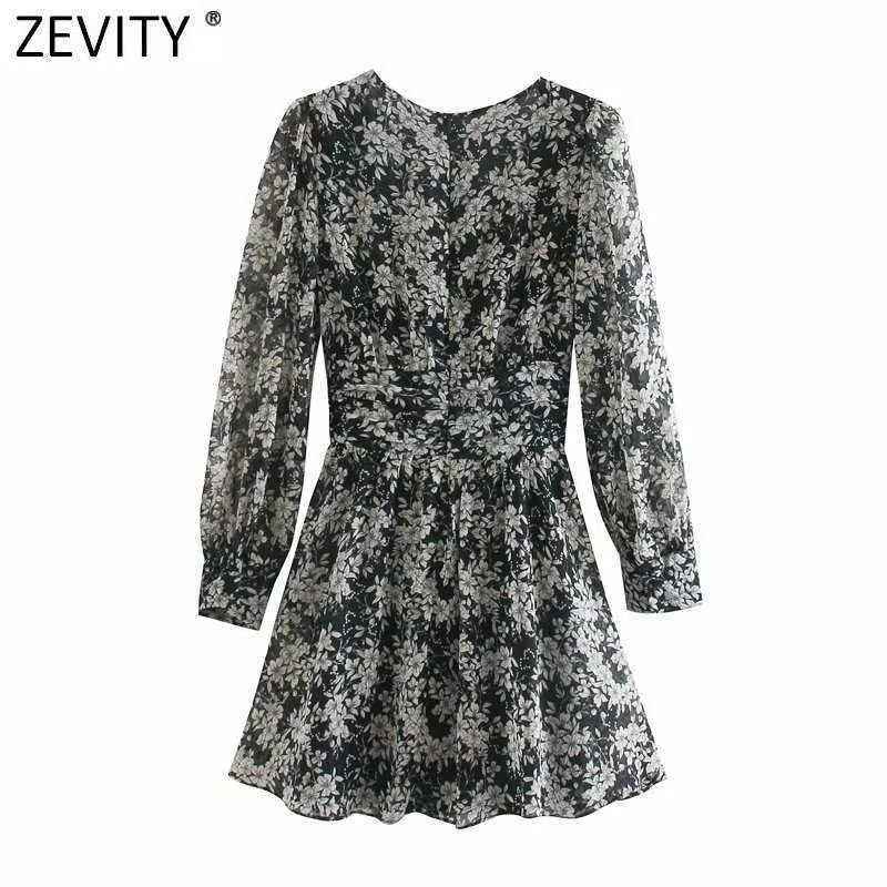 Zevity Kvinnor Vintage V Neck Peats Puff Sleeve Blommigtryck Sashes Mini Dress Femme Golden Line Vestido Shirt Dresses DS4829 210603