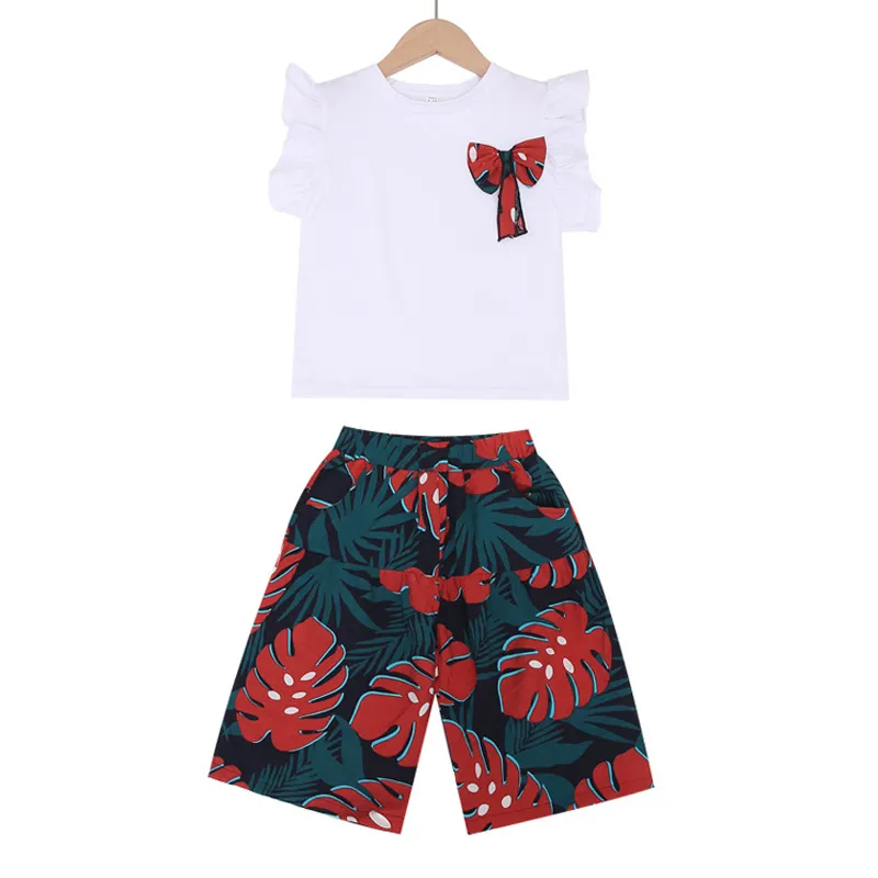 Kız Giysileri Set Uçan Kollu Ilmek Bluz + Baskılı Geniş Bacak Pantolon 2-piece Yaz Moda Çocuklar için 4-7Y 210515