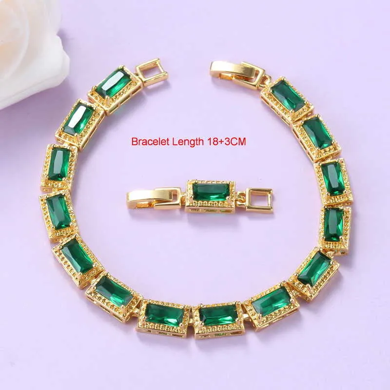 Yellow Gold-Color Luxury Women Green Jewelry Set With Cubic Zirconia Necklace Sets Bracelet And Ring Wedding Costume H1022