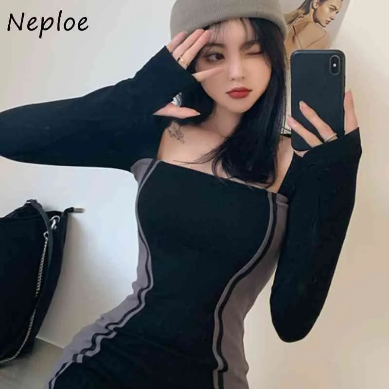 Neploe Square Collar Clavicle Exposed Sexy Dress Mujeres de cintura alta Hip Skinny Vestidos Spring Pullover manga larga Robe 210423