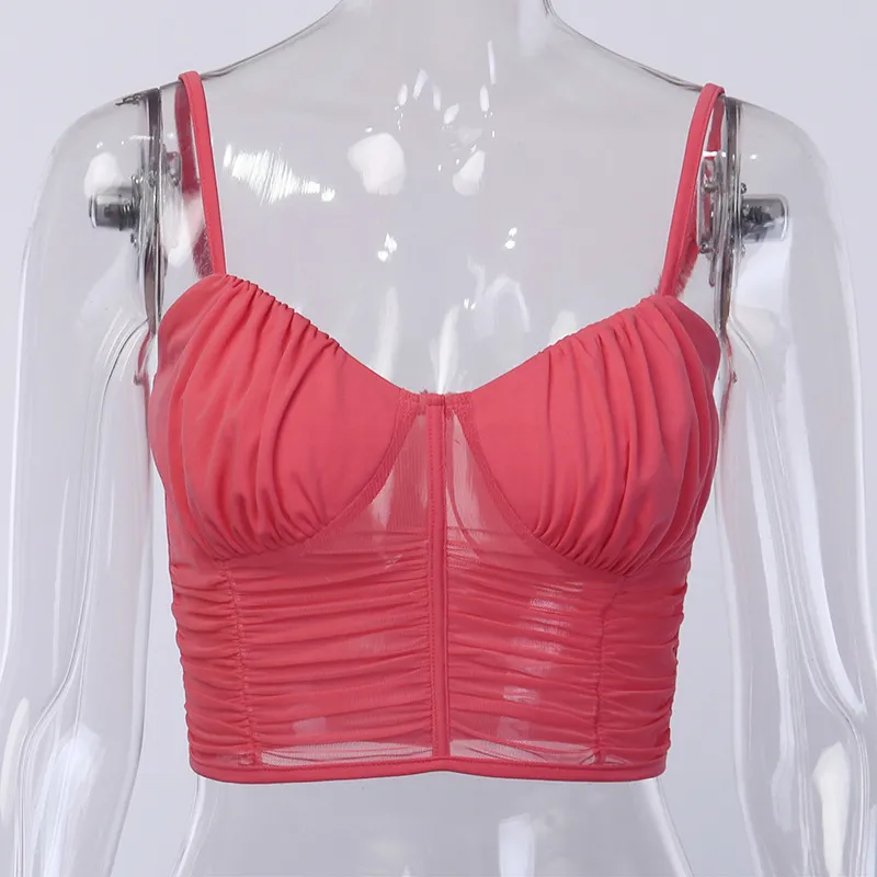 Omsj verão néon rosa espaguete spaghetti strap v-pescoço mulheres colheita sexy malha malha ruched mangas slim praia férias feminina tanque 210517