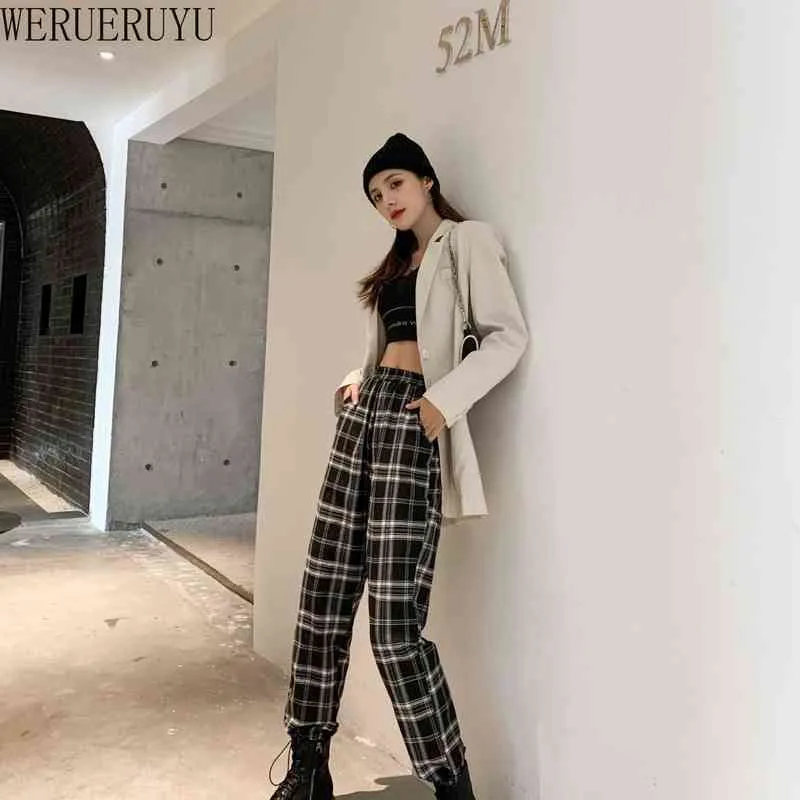 Plaid Pants Women's Casual Autumn Clothes Loose Drawstring Clothing Fashion Black White Check Harem 211216