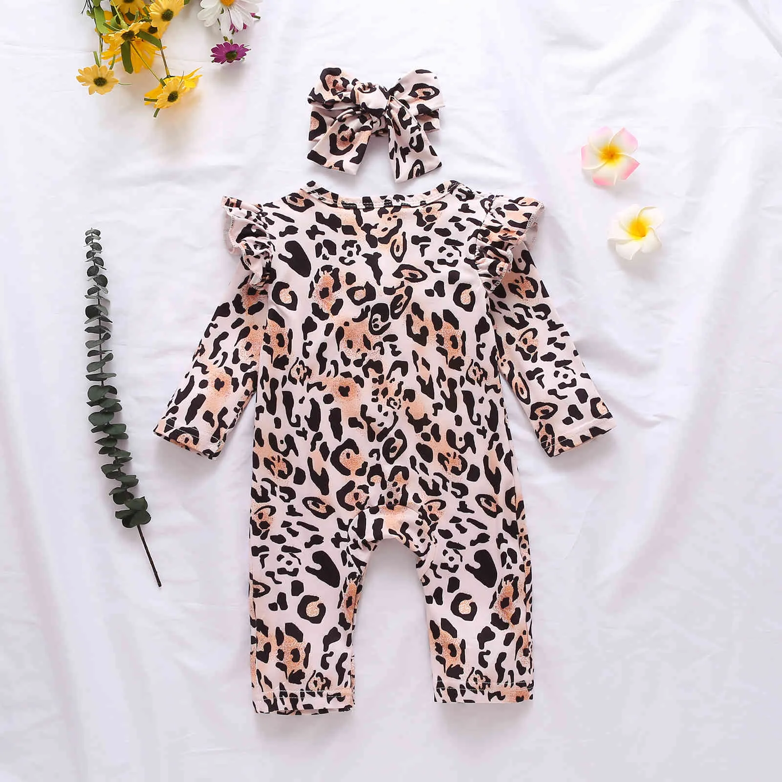 0-12M Frühling Herbst geboren Säugling Baby Mädchen Kleidung Leopard Strampler Langarm Overall + Stirnband 210515