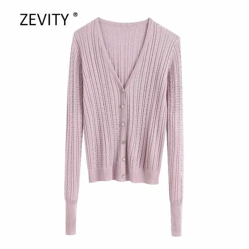 Zevity Women Fashion V Neck z długim rękawem Dzianie Casual Slim Sweter Kobiet Diament Przyciski Cienkie Swetry Chic Topy S300 210603