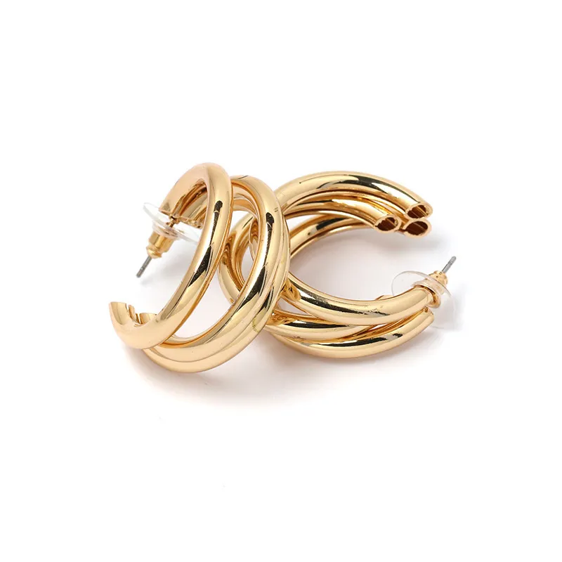 Pendientes de aro de aleación chapados en oro con forma de C de tres capas geométricas de Moflo Fashion
