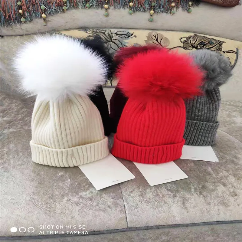 Marca feminina inverno malha chapéu pura lã virgem pele de raposa moda menina macio quente chapéu hap01a2725