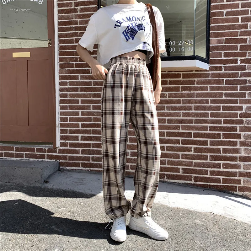 H.Sa Pantalon Wall Femme High Waist Plaid Harem Wiosna Lato Miękkie Długie Spodnie Koreański Harajuku Spodnie Ropa Mujer 210417