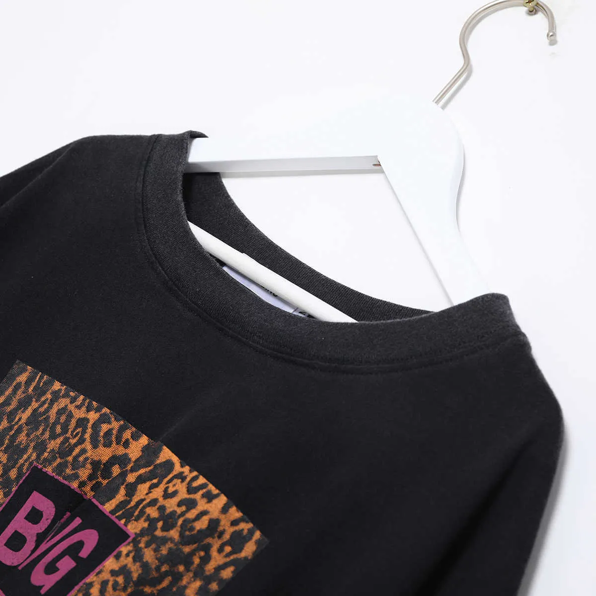 Leopard verblasste Grafik T-Shirt Kleid Frau Kurzarm Rundhals Baumwolle Langes T-Shirt Lässige Vintage Washed Black Boho T-Shirts 210722