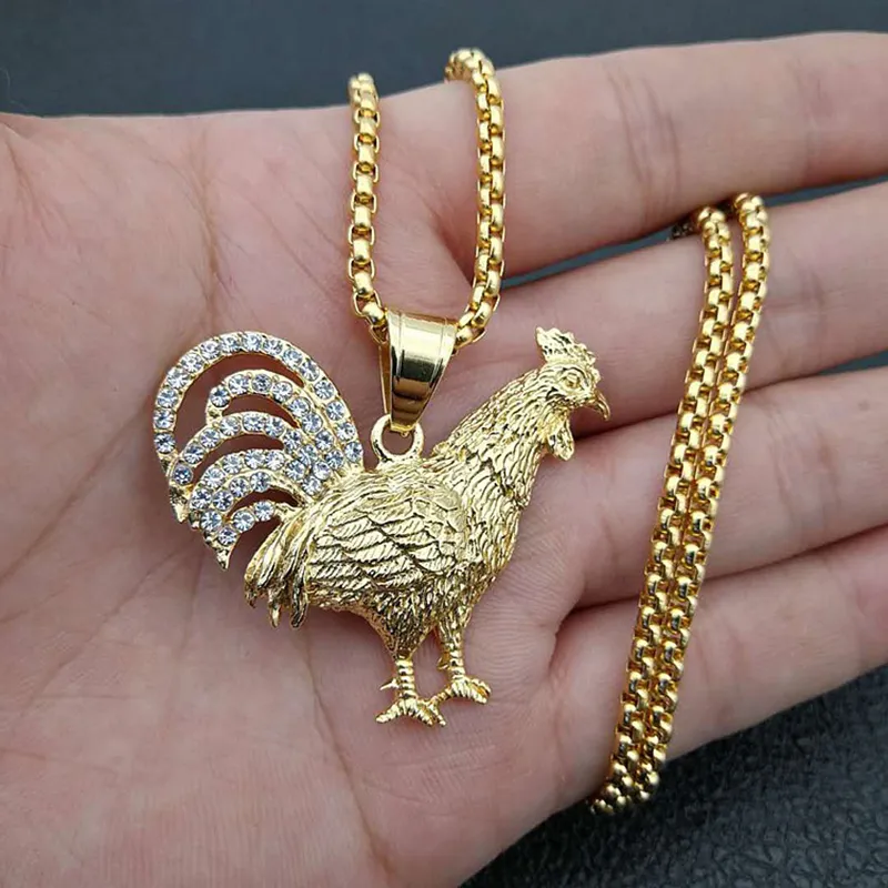 Hip Hop Rhinestones Bluted Gold Kolor ze stali nierdzewnej kurczak koguta Kurek Kogutanty Naszyjnik dla mężczyzn Jewelry2617