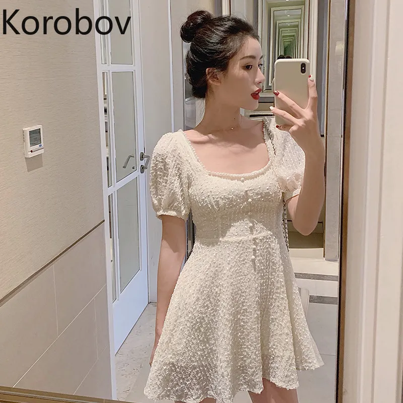 Korobov Square Collar Open Collarbone White Dress High Wasit Hip A Line Sexy Vestido Small Fragrance Slim Ropa Summer New 210430