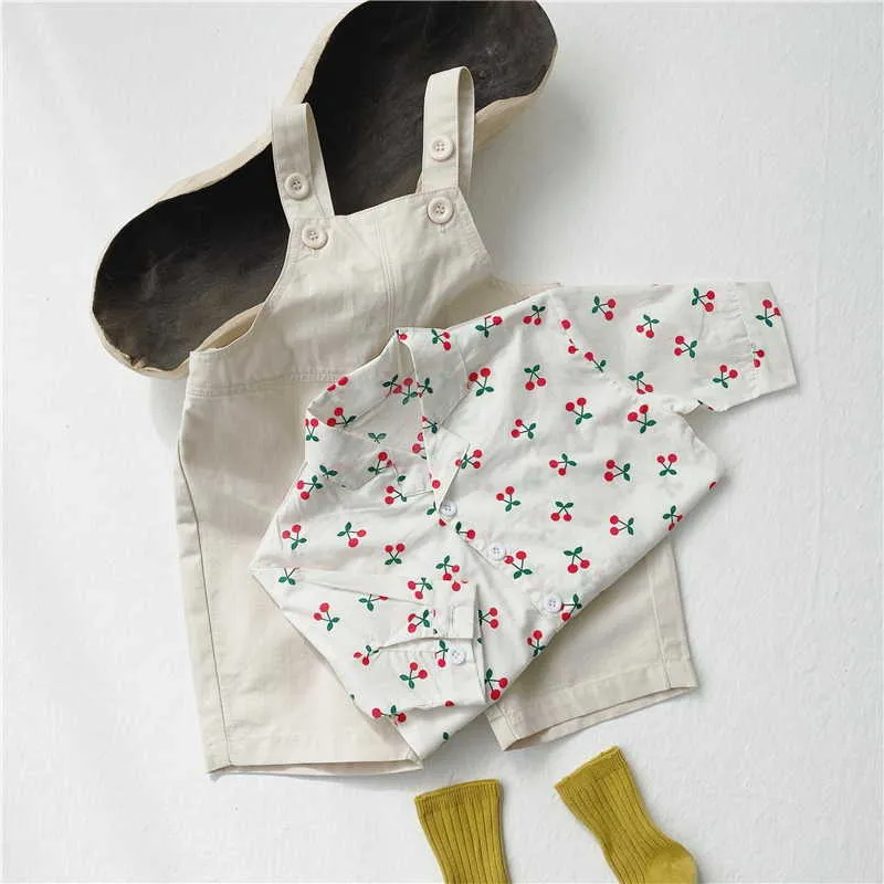 Spring Korean Style Baby Girl 2-PCs Sets Cherry Long Sleeves Shirts + Overall Kinderkleding E5032 210610