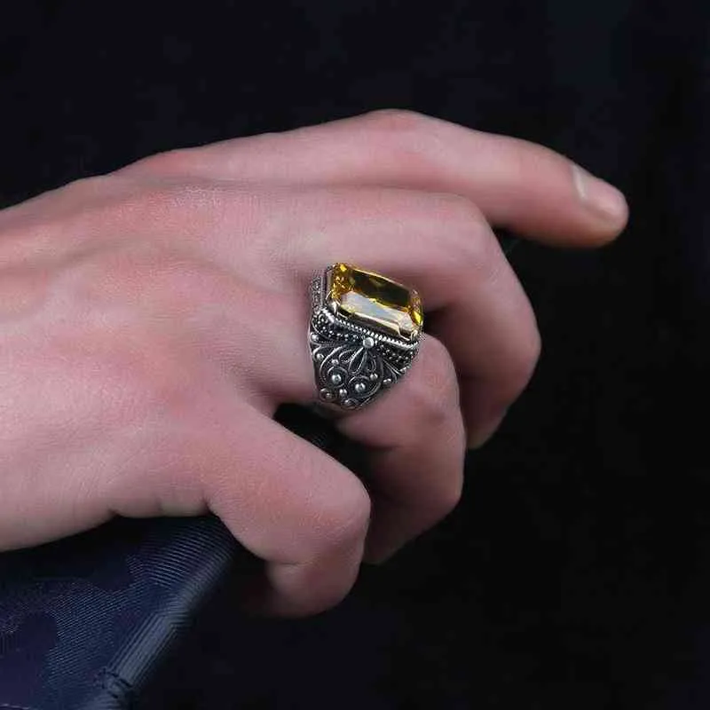 925 Sterling Silver Ring för män Citrine Stone Smycken Mode Vintage Gift Onyx Aqeq Mens Ringar All Storlek 211217