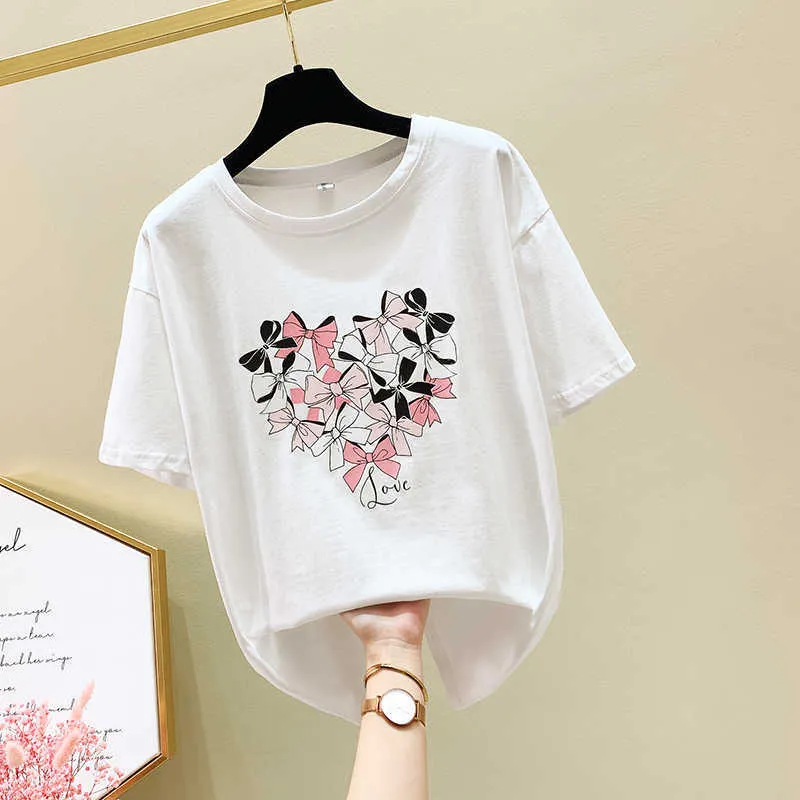 Plus Taille Chemise Femme Femmes Tops Blanc T-shirt Femmes Été À Manches Courtes Femme Vêtements Casual Bow Imprimer Tshirt 210604
