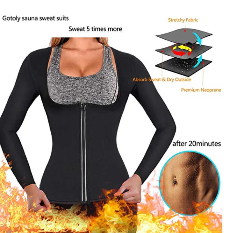 Femmes Néoprène Perte de poids Top Sweat Entraînement à manches longues T-shirt Body Shaper Sauna Costume Fat Taille Entraîneur Corsets 210708