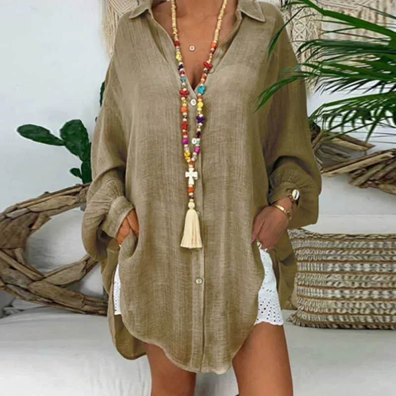 [DEAT] Summer Moda Jedno Breasted Solid Color Kolor Z Długim Rękawem Collar Collar Luźna Koszula Kobiety Duży Rozmiar 13Q008 210527
