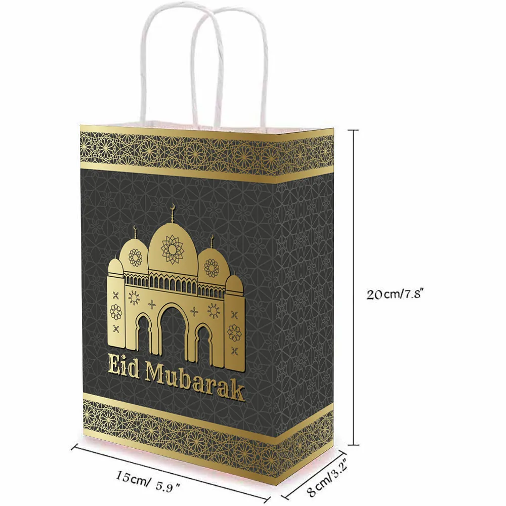 AVEBIEN 20x15x8cm Sacchetto Regalo Ramadan Sacchetto di Carta Kraft Musulmano Eid Mubarak Sacchetti di Tote Dorati 10/20/50 Pezzi Confezione Regalo Commemorativa 210402