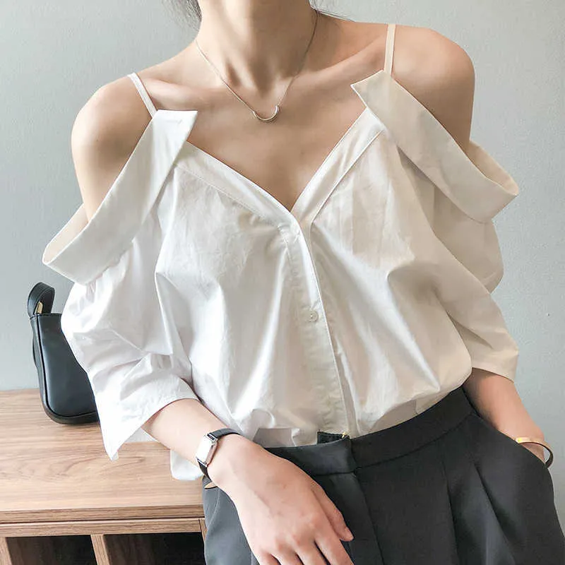 PERHAPS U Women Summer White One-Shoulder Sling Shirt Off-Shoulder V-Neck Single-Breasted Half-Sleeve Female Tops B3074 210529