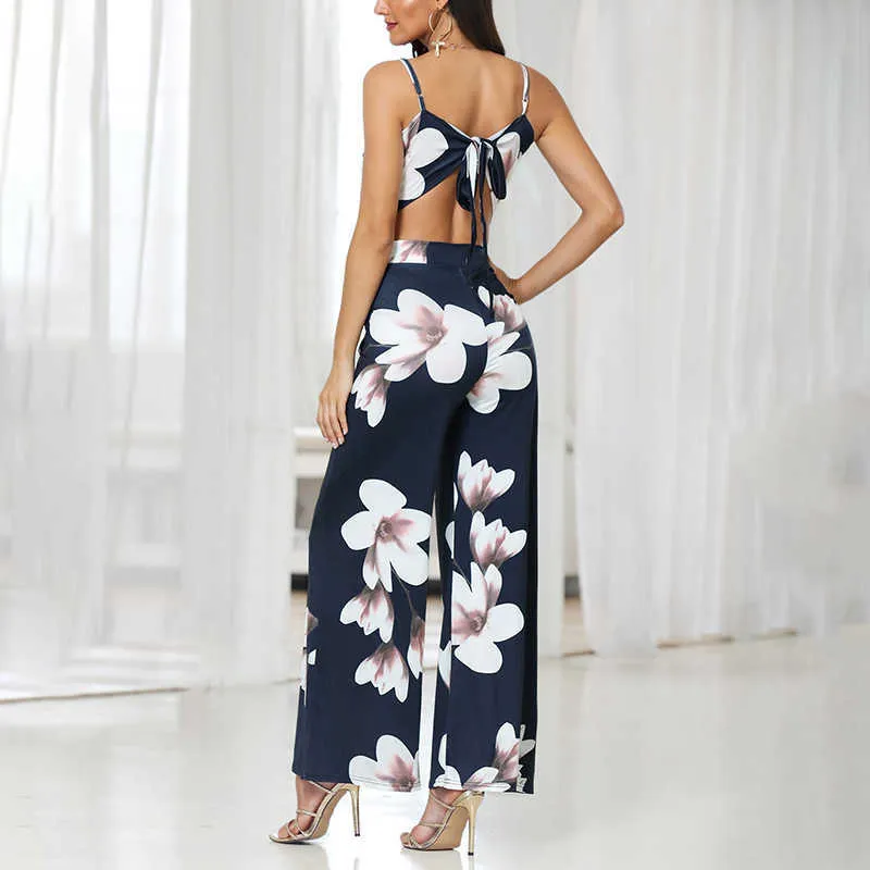 Kvinnor Mode Elegant Partywear Jumpsuits Formell Party Romper Floral Print Wide-Ben Spaghetti Strap Jumpsuit 210716