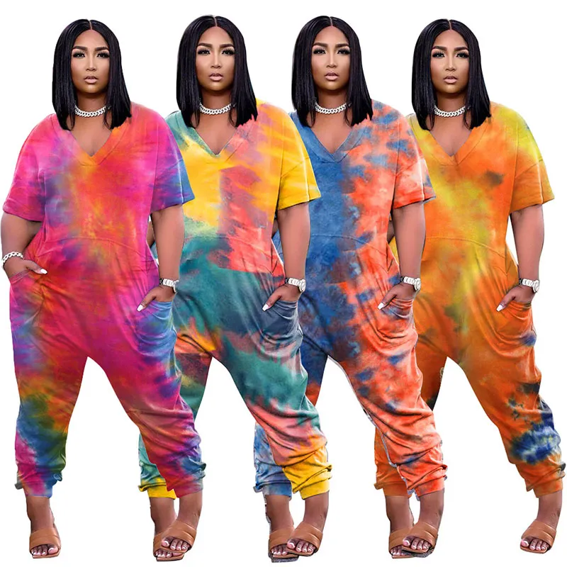 Women's Tie Dye One Piece Rompers Lounge Pants Short Sleeve V-Neck Jumpsuit Loose with Pockets 4 Colour Select