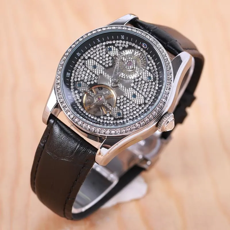 ForSining Fashion Diamond Tourbillion Display Brown äkta lädervatten motstår män titta på topp automatiska armbandsur334v