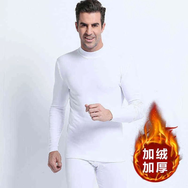 Termiska underkläder kostymer män heap feber bomull dubbel sida vinter sammet tjockna bekväm vit lång Johns varma Turtleneck 211108