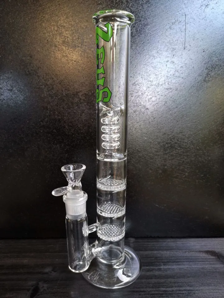 Colorful Straight Tube Glass Bong Triple Layer Comb Perc Hookah Percolator Water Pipes Ice Catcher Heady Oil Dab Rig Tonado Bongs zeusart shop