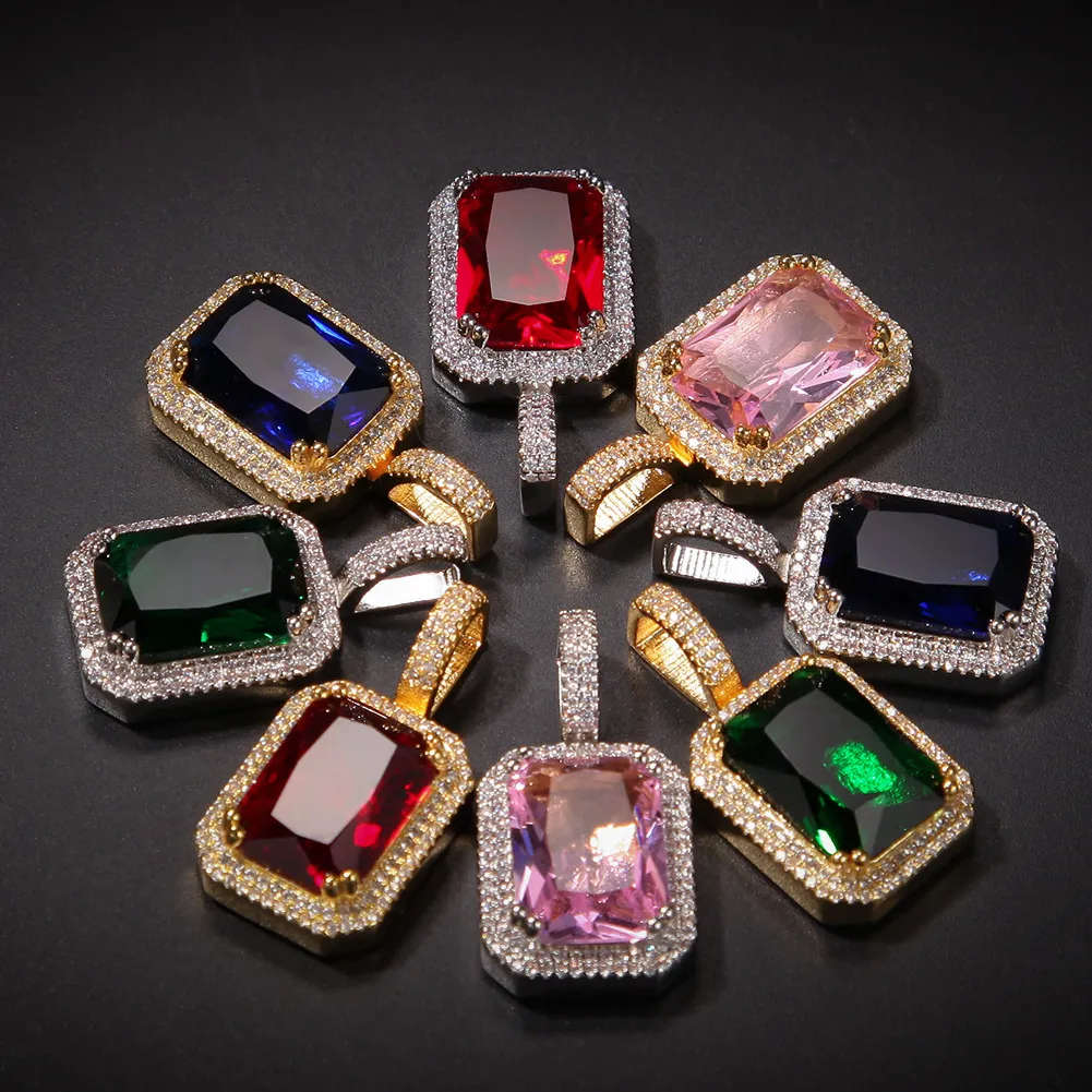 Unissex formato quadrado hip hop gelado corrente colar strass cristal vermelho pingentes colares para mulheres homens jóias 260v