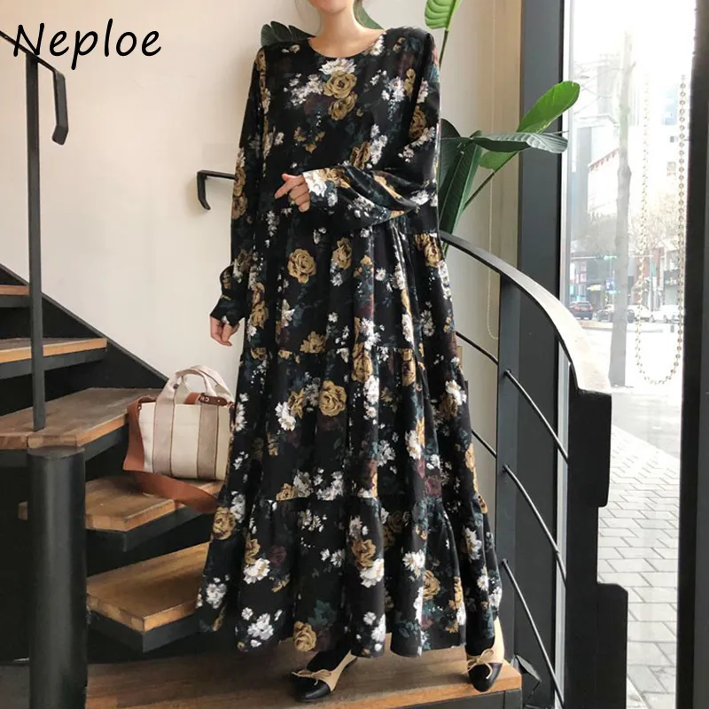 Vintage Print Loose Long Dress Women High Waist Hip A Line Vestidos O Neck Sleeve Temperament Cobe Spring 210422