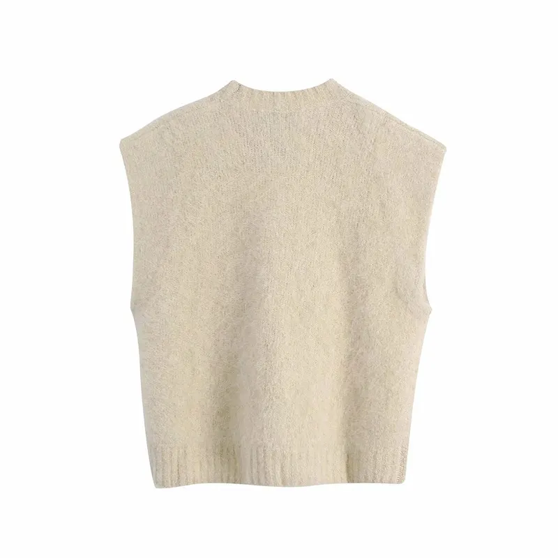 Gilet femmes col en V recadrée tricoté hiver sans manches pull femme automne Vintage moelleux côtes haut en tricot pulls 210519