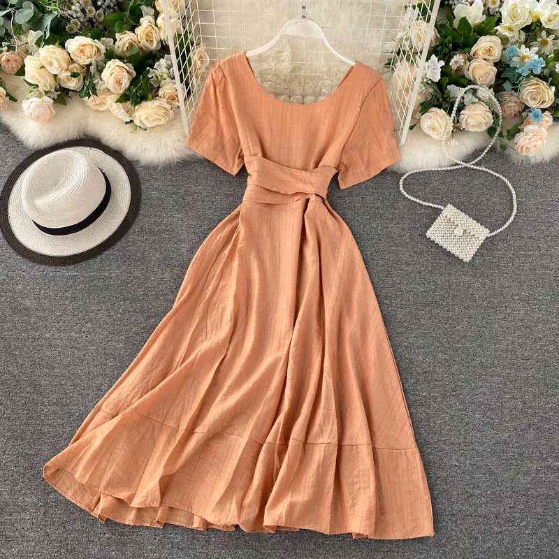 Koreanischen Stil Sommer Kleider Solide Zurück Bandage Elegante Prinzessin Vestidos A-line Roben Kleid Frauen 17175 210415