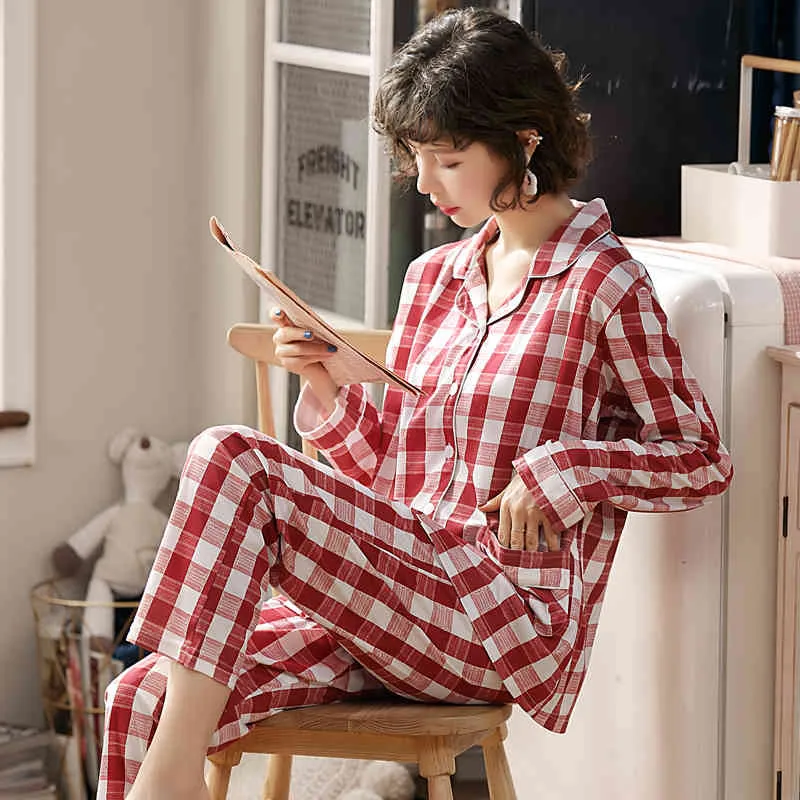 Bzel Neue Herbst Winter Nachtwäsche 2-Stück-Sets für Frauen-Baumwollpyjamas Turndown Kragen Homewear großer Größe Pijama Pajama xxxl 210330