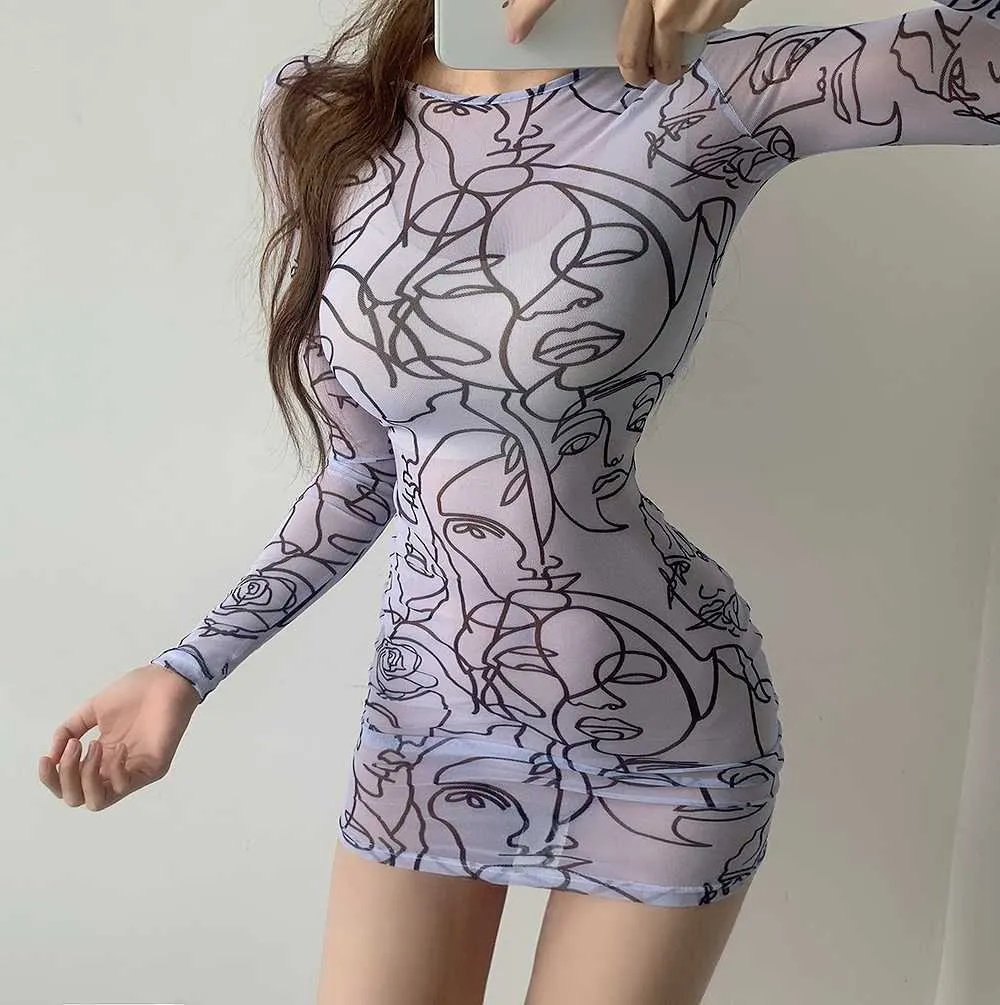 Корея Фахсия сексуальная сетка кружевная перспектива печать круглые шеи полные рукава оболочка мини девушка женское вечеринку пляжное платье винтаж 8qgx 210603