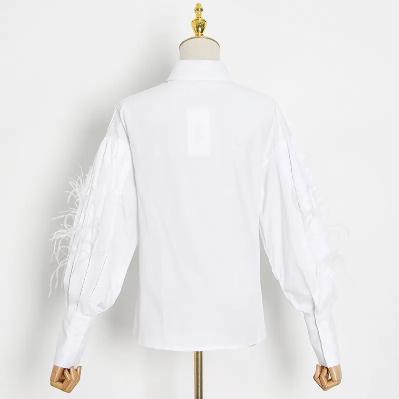 TWOTWINSTYLE Casual Patchwork Feather Blouse For Women Lapel Lantern Sleeve White Solid Shirt Female Fashion Clothing 210401