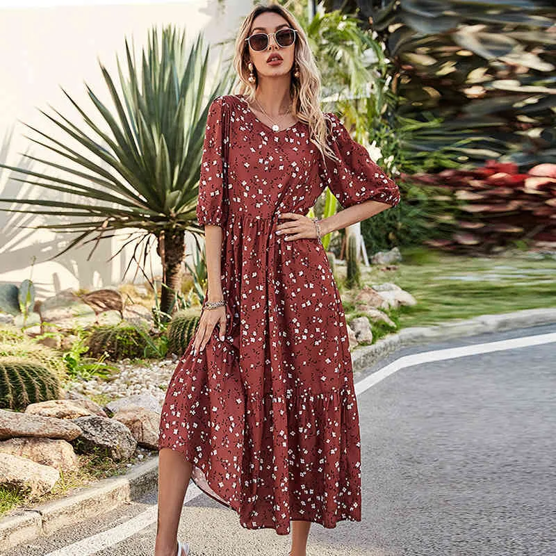 women long dress for spring summer Fashion floral printed o-neck half sleeve pleated es bohe chiffon 210524