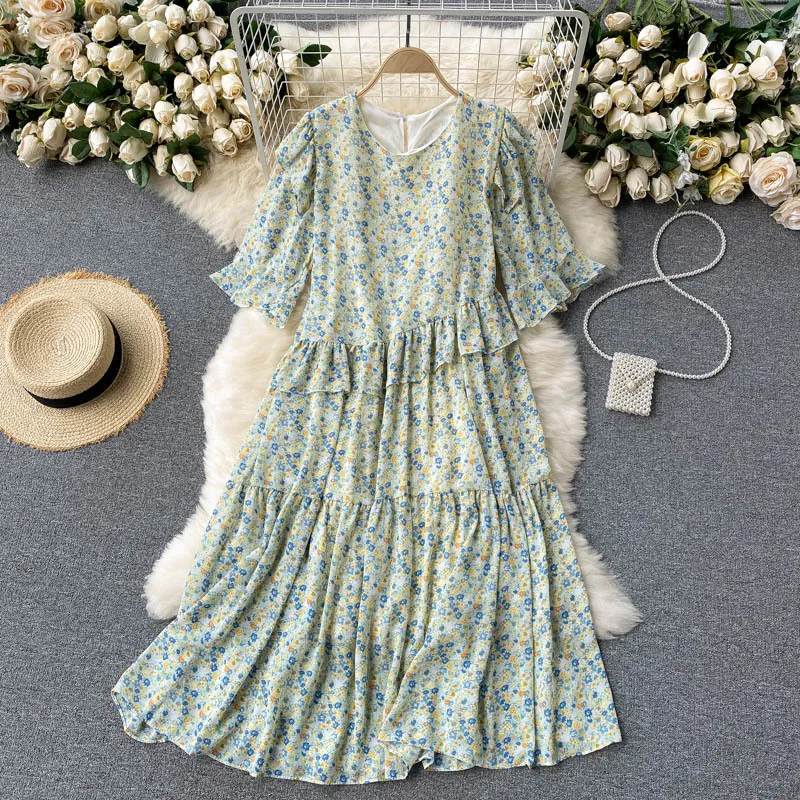 SINGREINY coreano gasa vestido floral mujer dulce manga acampanada volantes A-line vestidos verano Boho estampado Casual playa Midi vestido 210419