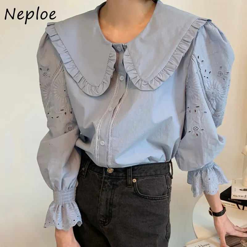 Pop kraag lange mouw blouse vrouwen gedrapeerd ontwerp enkele borst blusas lente losse solide ol shirt feminino 210422