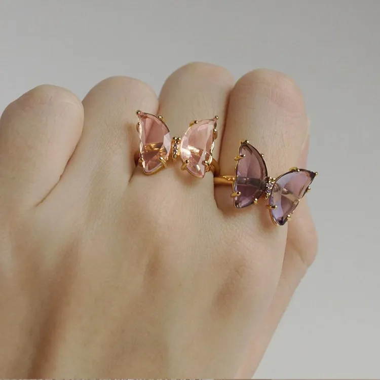 Fashion Gilded Open Ring Fabricant Direct S Bijoux en cuivre Anneau Crystal Glass Gold plaqué papillon 5673558