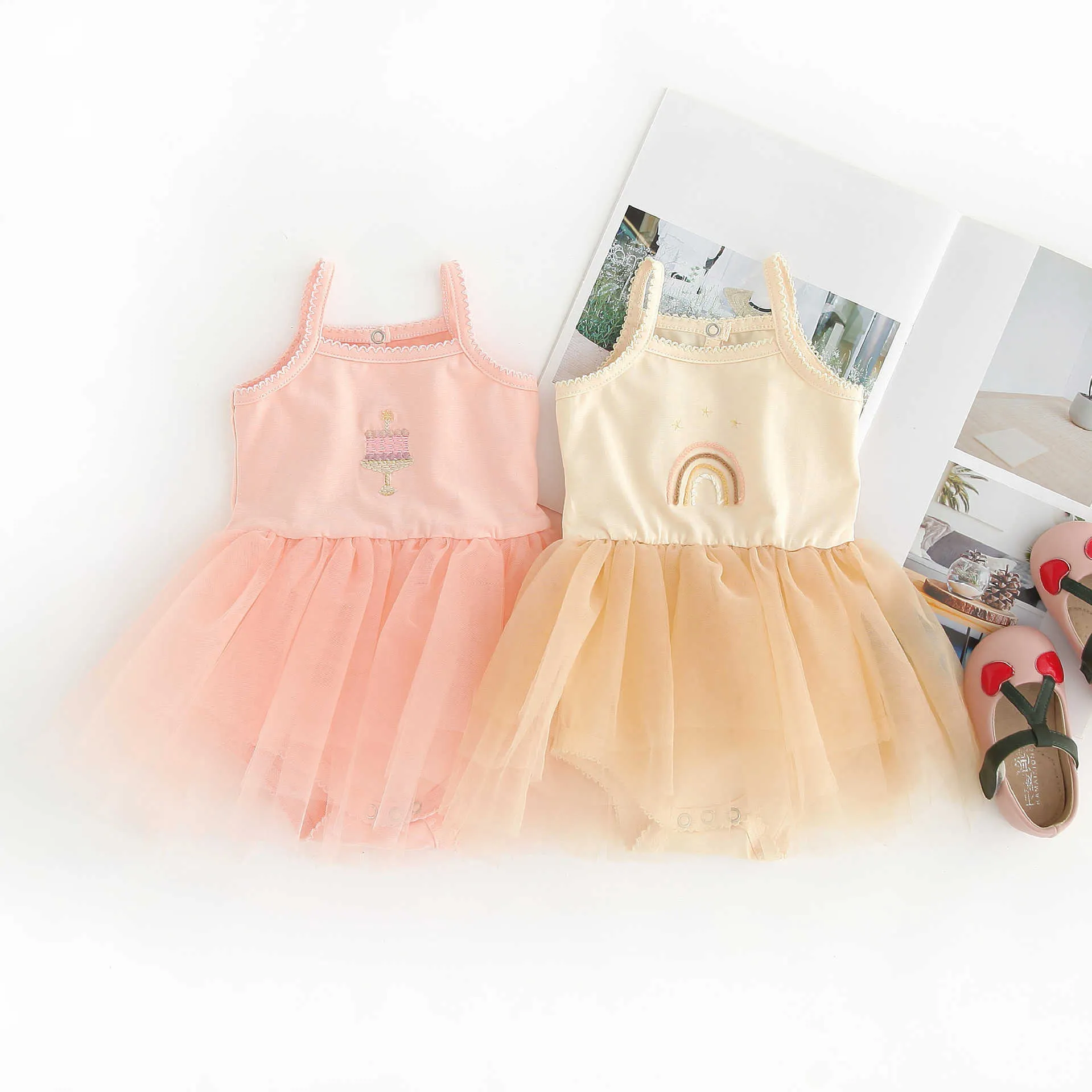 Ins brei katoen baby meisjes romper kleding kleine baby peuter jurk regenboog tutu zomer onesie 210529