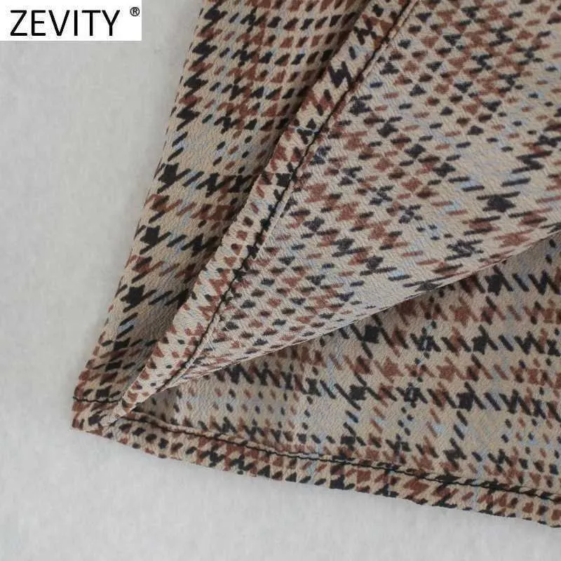 Zevity Donna Vintage Cravatta con fiocco Colletto alla coreana Stampa scozzese Kimono a pieghe Camicie Camicetta retrò da donna Roupas Chic Femininas Top LS7395 210603