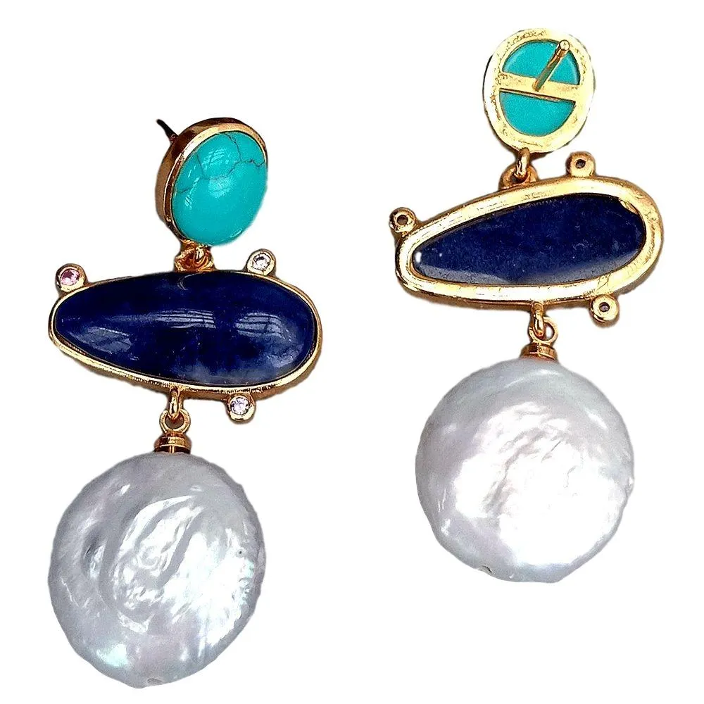 Geometric Natural Sodalite Cultured White Coin Pearl Turquoise With Electroplated Edge Stud Earrings For Women
