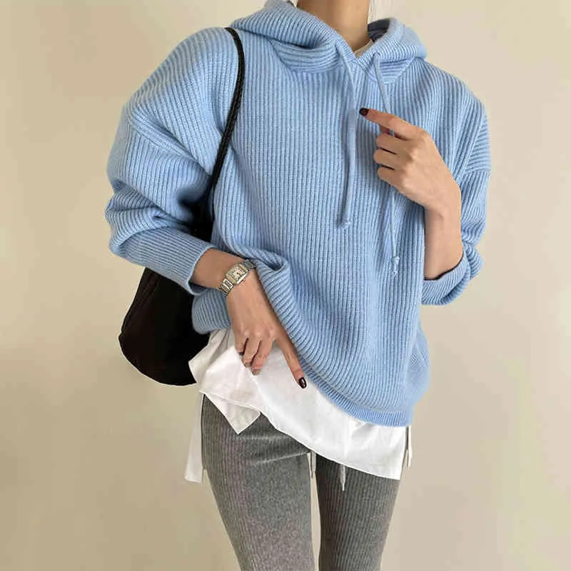 Primavera tricotada camisola com capuz pulôver mulheres manga completa moda sólida solta jumpers femininos tops femme 210518