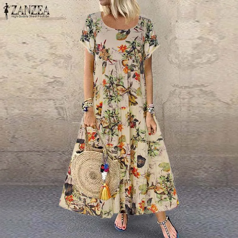 ZANZEA 2021 Summer Dress Women Vintage Floral Printed Short Sleeve Sundress Ladies Bohemian Party Long Vestido Robe Loose Dress X0521